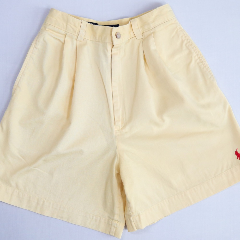 Ralph Lauren Pleated Shorts Women 6 Yellow Vintage 90s Cotton High Rise Red Pony - Picture 12 of 13